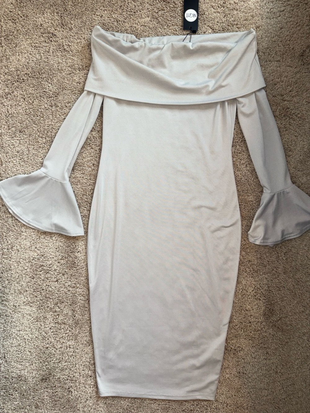 Boohoo Light Gray One-Shoulder Bell Sleeve Midi Dress